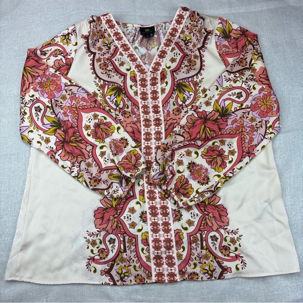 Jm Collection Women's Long Sleeve Printed V-Neck Satin Top Size XL